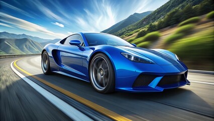A sleek, cobalt-blue sports car accelerates down a winding asphalt road, its aggressive lines and angular design