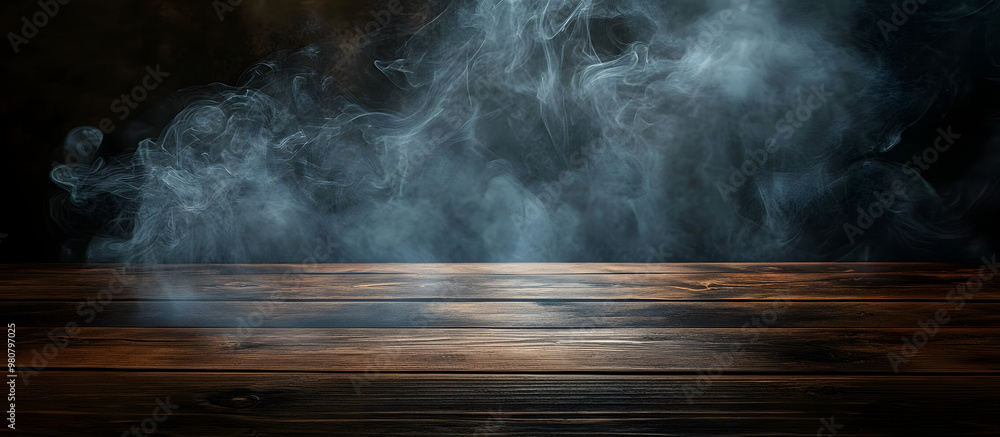 Poster a dark background enhances the visual appeal of an empty wooden table with smoke rising creating an 