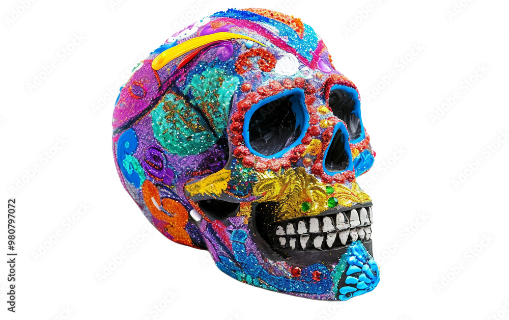 Wall mural sugar skull decorated with vibrant icing and glitter isolated on transparent background png.