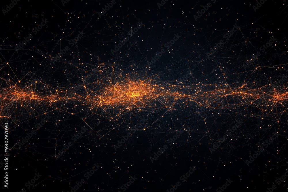 Poster abstract digital network with glowing orange nodes and lines on a dark background