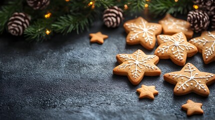 Festive Gingerbread Cookies on Rustic Christmas Table with Pine Cones and Warm Lighting
