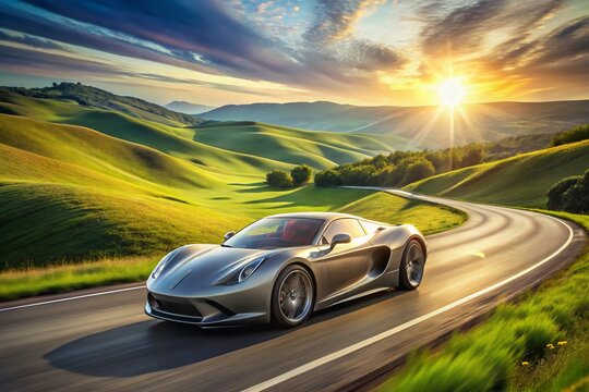 A sleek, high-performance sports car speeds down a winding highway, its metallic finish glistening in the sun,