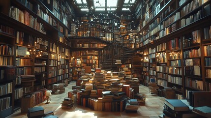 Eyecatching Old library or bookshop with many books on shelves