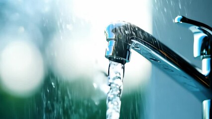 The faucet with water flowing gently, captured in natural light, with droplets visible in the background.