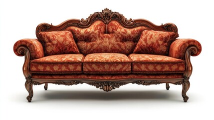 A classic Victorian-style vintage sofa with rich, textured fabric and detailed wood carvings, placed on a white background.