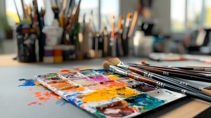 A circular arrangement of watercolor palettes, brushes, and canvases in an art studio