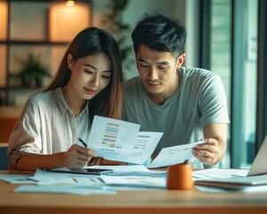 Obraz premium Asian man and woman in a minimalist home office, discussing their financial future with documents and graphs spread out, Future Financial Planning, Couple teamwork