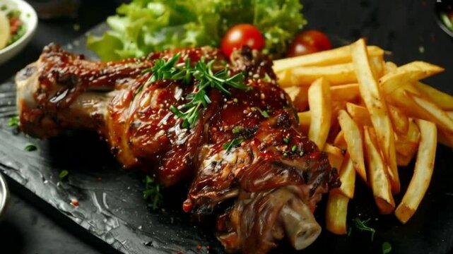 Roasted pork knuckle served on a black board with French fries and saladj hd Video 4K Clip meat, food, meal, chicken, dinner, pork, grilled, dish, barbecue, plate, beef, fried, sauce, gourmet, steak