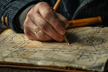 Senior man hand writing with pen on vintage paper