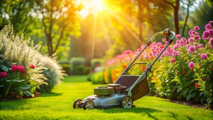 A sleek, modern lawn mower blades spin rapidly, cutting a precise path through a lush green lawn on