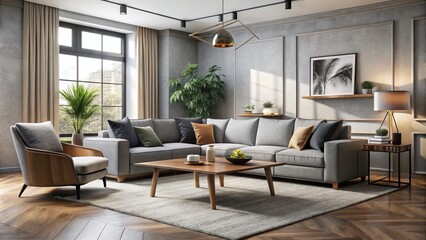 A sleek, modern living room showcases a plush sectional sofa, minimalist coffee table, and stylish accent chair, all