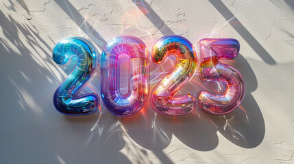 Number 2025 in holographic rainbow balloons