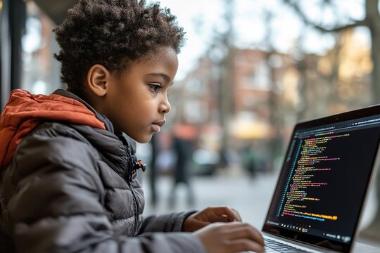 Focused child coding on laptop by window