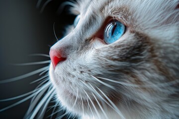 White cat with blue eyes looking up with curiosity