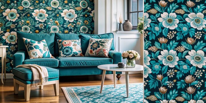 Elegant grandmillennial living room theme with floral pattern in preppy style