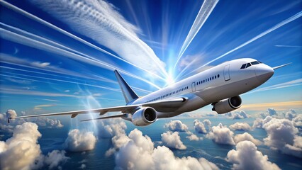 Obraz premium A sleek, silver commercial airliner soars through a bright blue sky with fluffy white clouds, leaving a trail