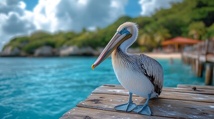 A pelican perches on a wooden dock overlooking a tropical beach with clear blue water.