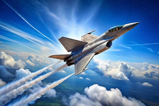 A sleek, silver fighter jet soars through a clear blue sky, leaving a trail of condensed vapor behind,