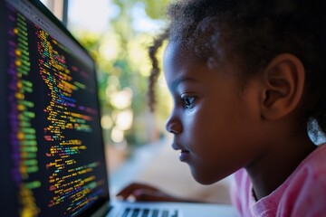 Young girl coding on computer, focused and learning