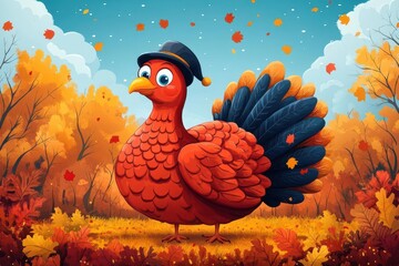 Fototapeta premium cartoonstyle thanksgiving turkey with comical expression vibrant autumn colors whimsical details like pilgrim hat or fall leaves playful holiday illustration