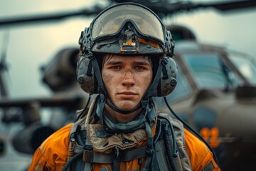 Military pilot wearing tactical gear and helmet standing near helicopter