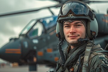 Young pilot wearing helmet standing near helicopter in airport