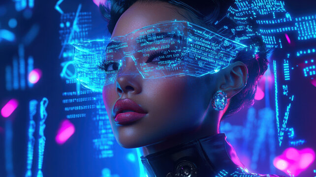 Futuristic artwork depicts a female fashion model crafted from computer code and technological shapes, highlighting avant-garde design with intricate and precise details.