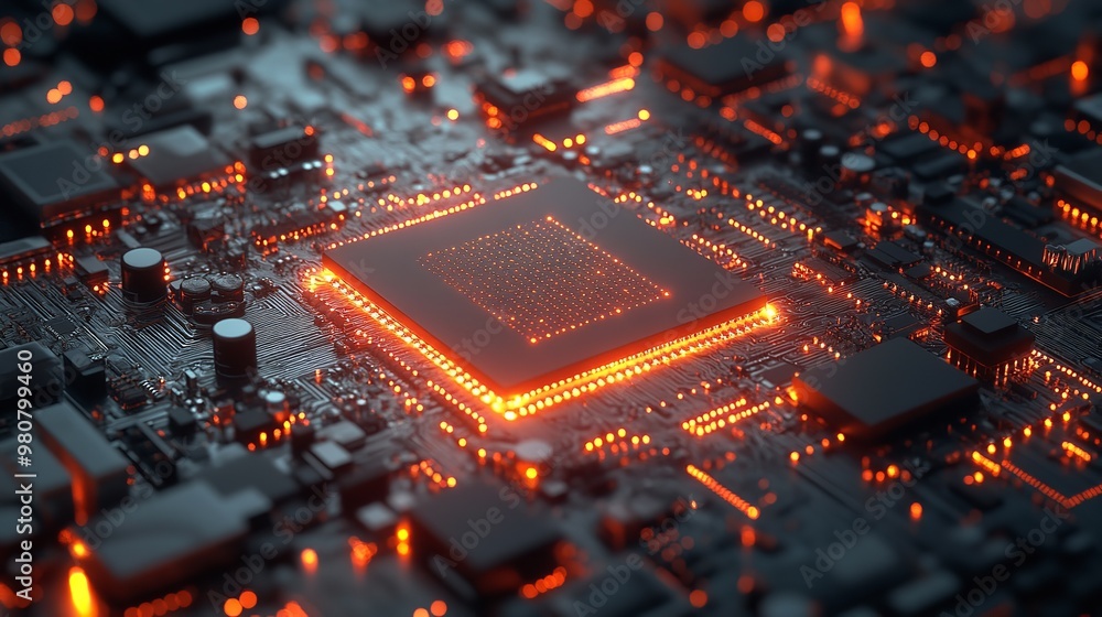 Poster a detailed close up of a computer motherboard. this image can be used to illustrate technology, comp