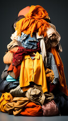 A pile of clothes with orange and yellow on top, person with a bag, person in a coat, a person in a dress