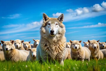 Obraz premium A sly and cunning wolf disguises itself in a sheep's fleece, blending in with the flock in a
