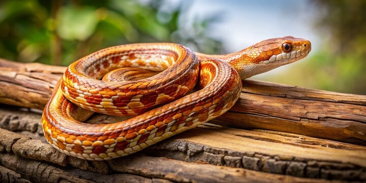 A slender, docile cornsnake with a warm, golden-brown scales patterns wraps itself around a rustic wooden branch in
