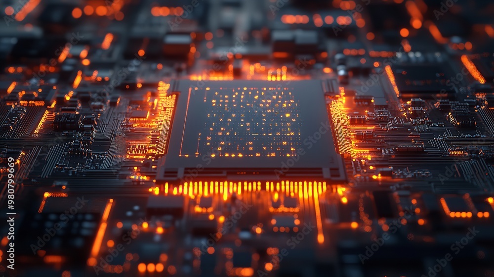 Poster a detailed close up of a computer motherboard. this image can be used to illustrate technology, comp