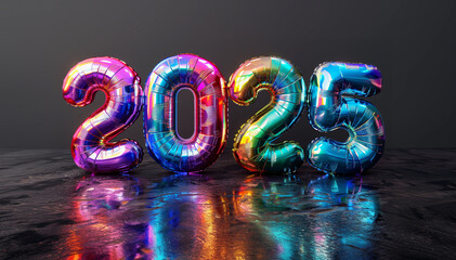 Number 2025 in holographic rainbow balloons