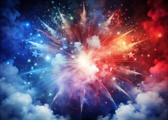 Vibrant red, white, and blue dust explosion background with splashes of smoke and abstract patterns, perfect for patriotic holidays like Labor Day and Independence Day celebrations.