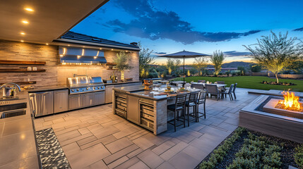 Fototapeta premium A spacious patio with a luxury outdoor kitchen, complete with stainless steel appliances, a bar counter, and a fire pit for cozy evenings