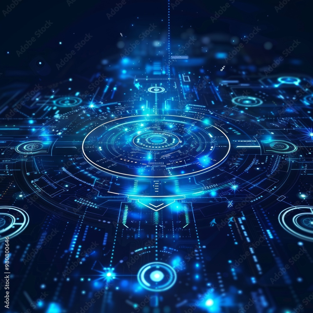 Poster a vibrant digital landscape depicting a futuristic technology interface with glowing circuits and ge