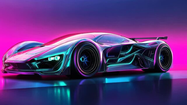 A futuristic car showcases vibrant neon colors on a reflective surface in an artistic display at an urban location
