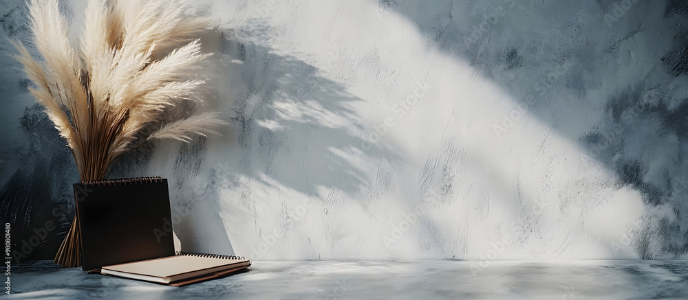 Aufkleber pampas grass beside notebook on a grey background with copy space image