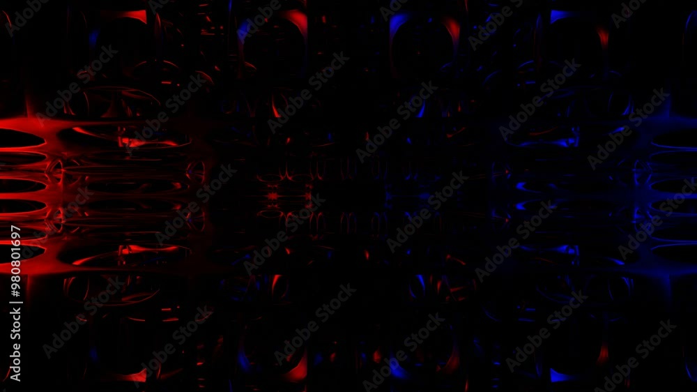 Poster endless camera flight through a dark abstract tunnel illuminated by red and blue light. 3d render. l