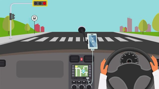 4K video of 2D animation of red light from inside the car. moving car on a highway road, view from inside the car. Dirver follow red light rules.