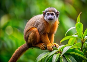 Obraz premium A solitary mono titi monkey sits upright on a lush green branch, its soft brown fur and long