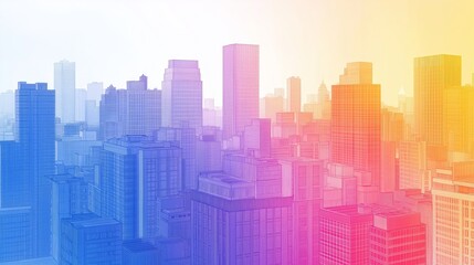 Fototapeta premium Stylized cityscape with gradient hues from blue to orange, featuring a retro risograph effect. Perfect for creative projects, urban design, or abstract city-themed art