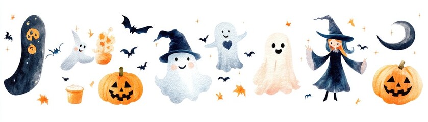 Fototapeta premium Watercolor Halloween Characters and Elements with Ghosts, Pumpkins, Witch, and Bats on White Background