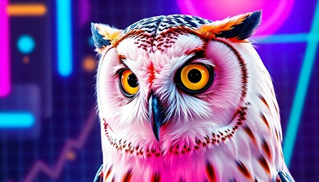 A close-up portrait of a colourful and white owl with large, piercing yellow eyes and a sharp bea