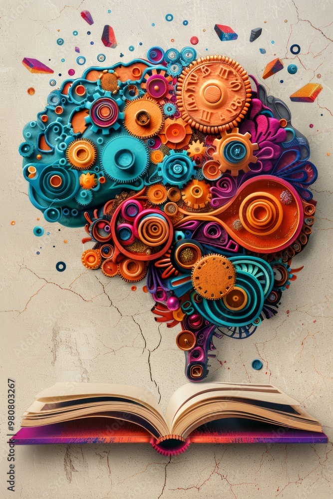 Poster a vibrant and intricate illustration of a brain made of gears and creativity emerging from an open b