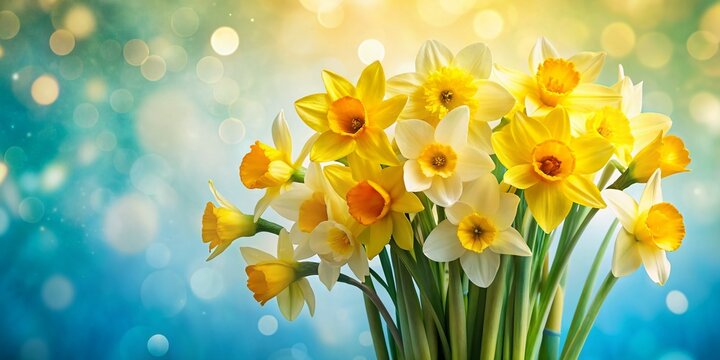 Vibrant yellow daffodils bouquet blooms on soft watercolor background, celebrating spring season, Jonquil and narcissus flowers, perfect for St Davids Day horizontal banner design.