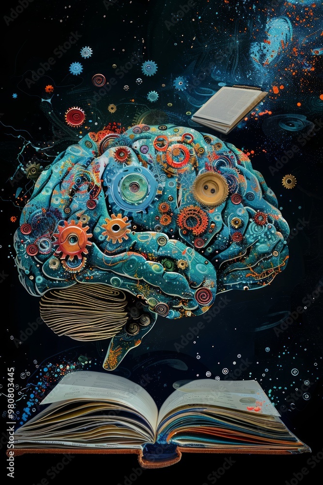 Poster a creative representation of a brain filled with colorful gears and an open book, symbolizing knowle