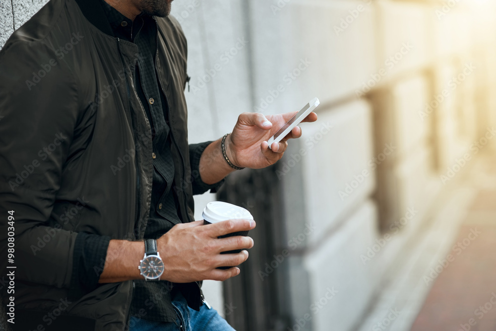 Aufkleber coffee, phone and hands of man in city for communication, social media and connection. networking, n