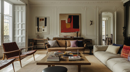 A stylish Parisian apartment interior with an eclectic blend of vintage and modern furniture, featuring bold, contemporary art on the walls and elegant crown molding