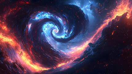 In the background, a swirling celestial body radiates with vivid blue and red hues, creating a mesmerizing spiral effect that seems to pull the eye into the vast depths of the universe. In the foregro